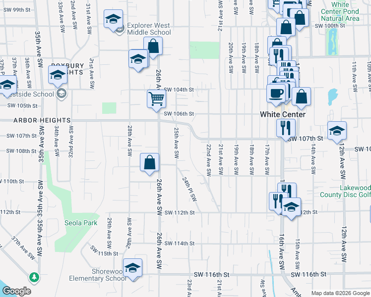 map of restaurants, bars, coffee shops, grocery stores, and more near 10810 25th Avenue Southwest in Seattle