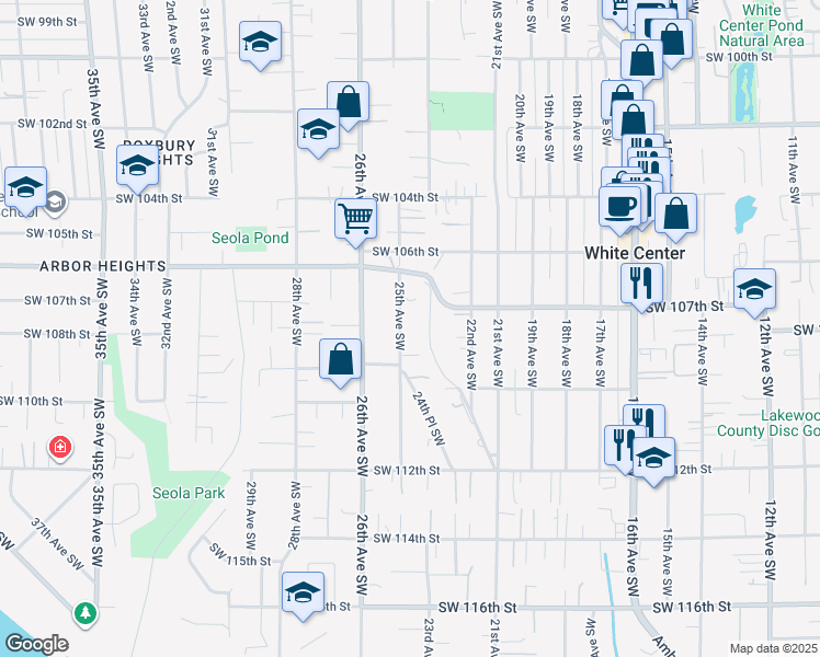 map of restaurants, bars, coffee shops, grocery stores, and more near 10810 25th Avenue Southwest in Seattle