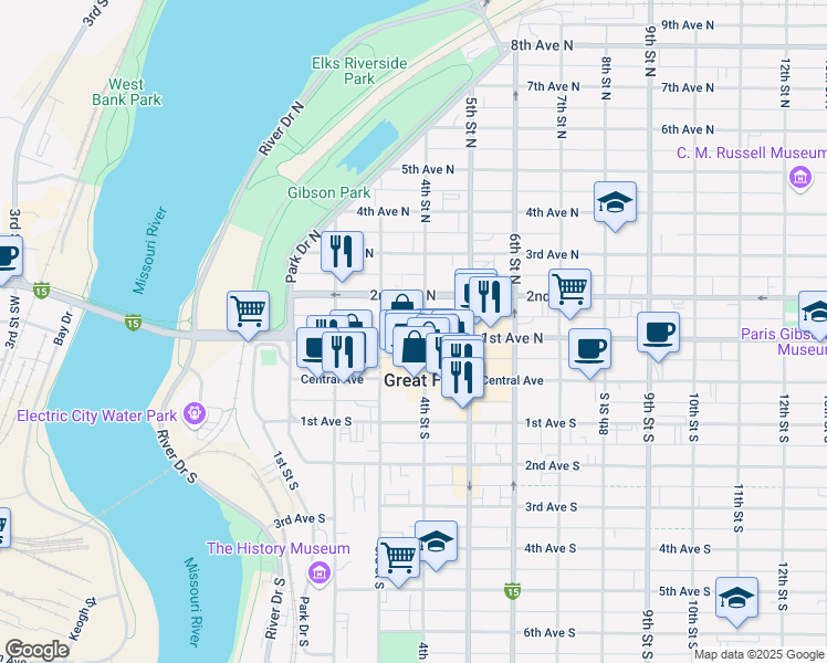 map of restaurants, bars, coffee shops, grocery stores, and more near 319 1st Avenue North in Great Falls