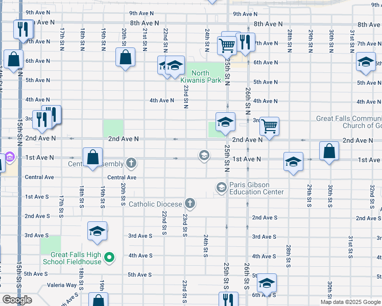 map of restaurants, bars, coffee shops, grocery stores, and more near 2305 1st Avenue North in Great Falls