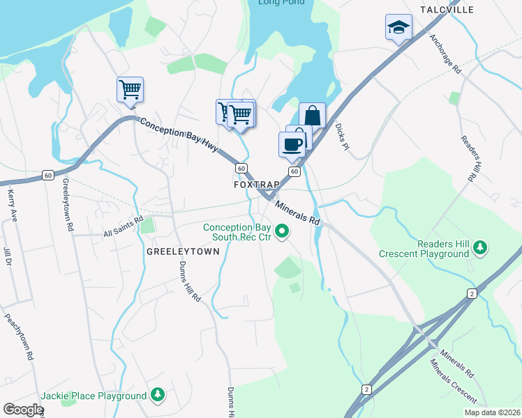 map of restaurants, bars, coffee shops, grocery stores, and more near 44 Rideouts Road in Conception Bay South
