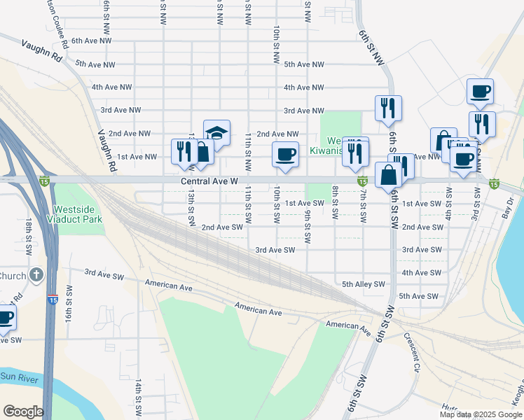 map of restaurants, bars, coffee shops, grocery stores, and more near 1016 1st Avenue Southwest in Great Falls