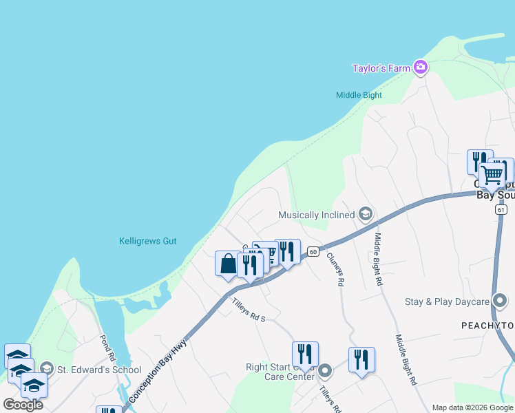 map of restaurants, bars, coffee shops, grocery stores, and more near 9 Mercedes Court in Conception Bay South