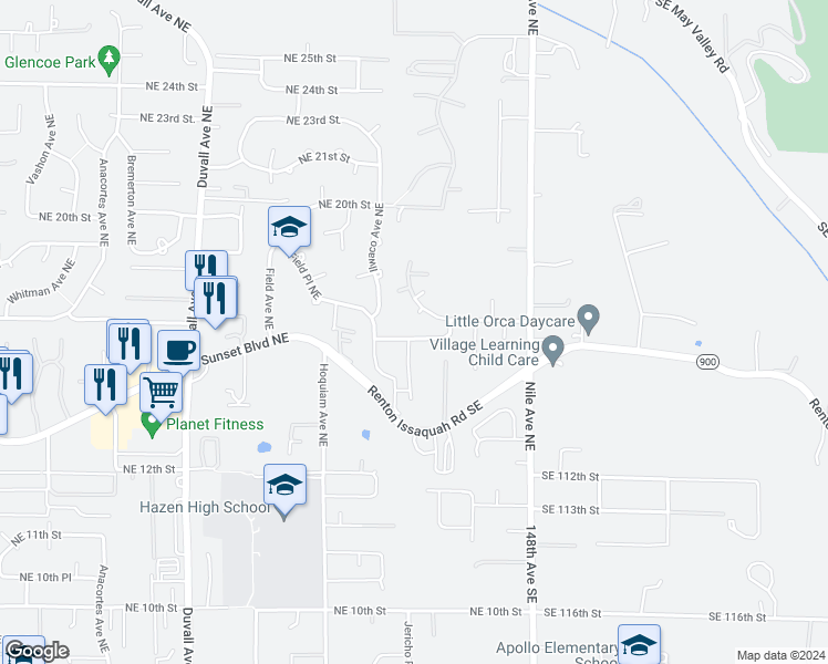 map of restaurants, bars, coffee shops, grocery stores, and more near 5350 Northeast 16th Street in Renton