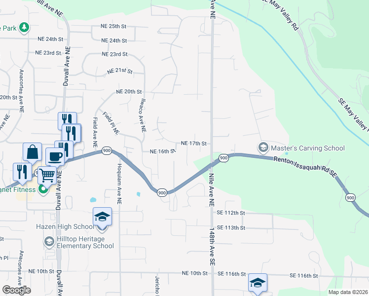 map of restaurants, bars, coffee shops, grocery stores, and more near 5415 Northeast 17th Street in Renton