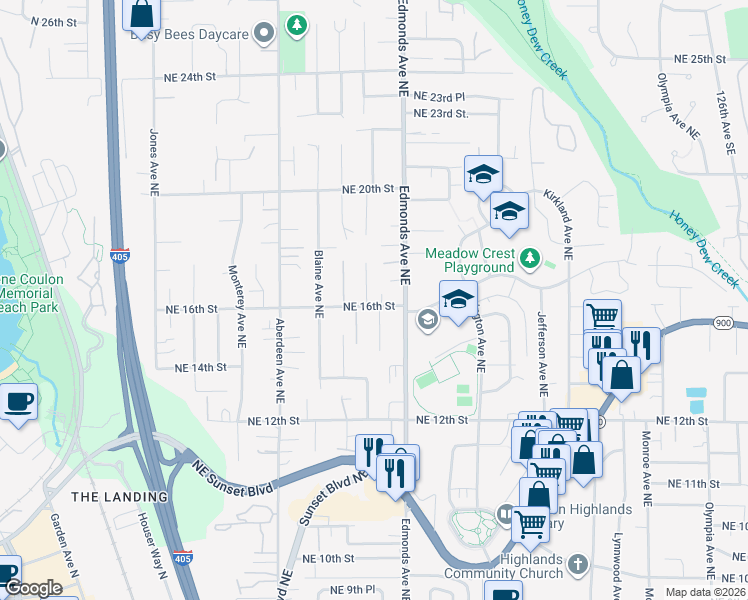 map of restaurants, bars, coffee shops, grocery stores, and more near 1600 Dayton Avenue Northeast in Renton