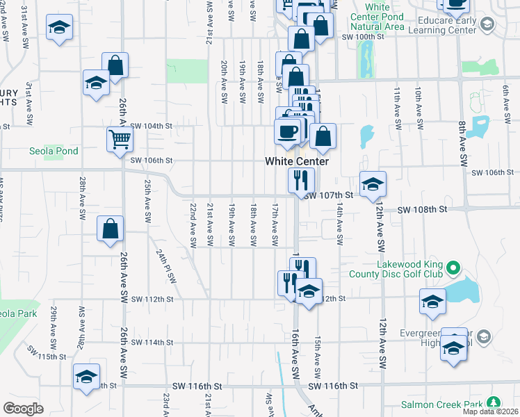 map of restaurants, bars, coffee shops, grocery stores, and more near 10717 18th Avenue Southwest in Seattle