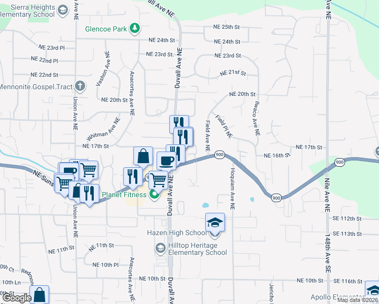 map of restaurants, bars, coffee shops, grocery stores, and more near 1630 Duvall Avenue Northeast in Renton