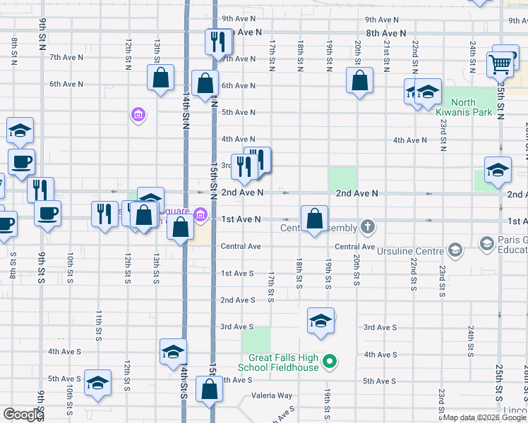 map of restaurants, bars, coffee shops, grocery stores, and more near 1615 1st Avenue North in Great Falls