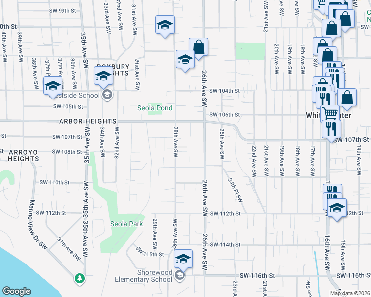 map of restaurants, bars, coffee shops, grocery stores, and more near 10809 26th Avenue Southwest in Seattle
