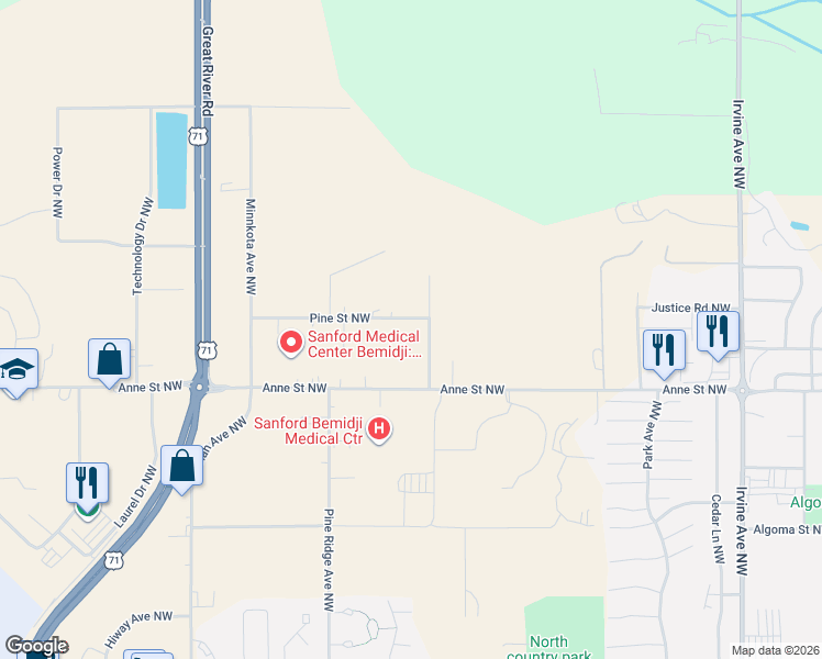 map of restaurants, bars, coffee shops, grocery stores, and more near 3807 Greenleaf Avenue Northwest in Bemidji