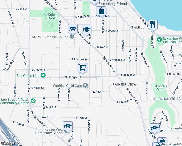 map of restaurants, bars, coffee shops, grocery stores, and more near 10434 59th Avenue South in Seattle