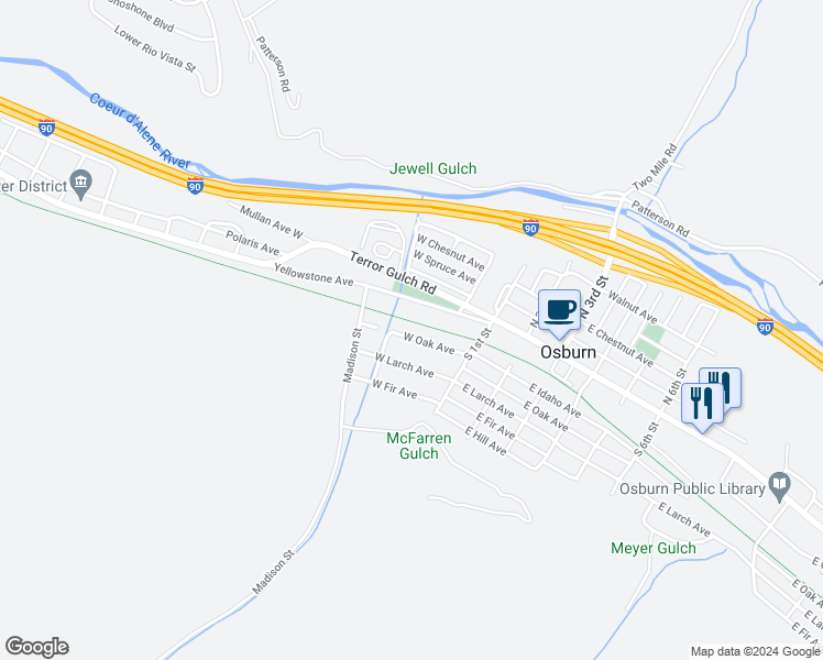 map of restaurants, bars, coffee shops, grocery stores, and more near 152 West Oak in Osburn