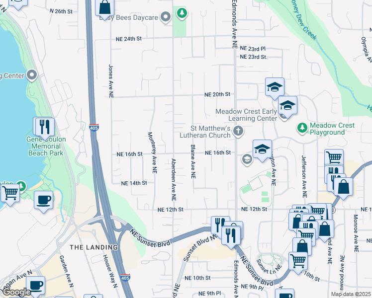 map of restaurants, bars, coffee shops, grocery stores, and more near 2124 Northeast 16th Street in Renton