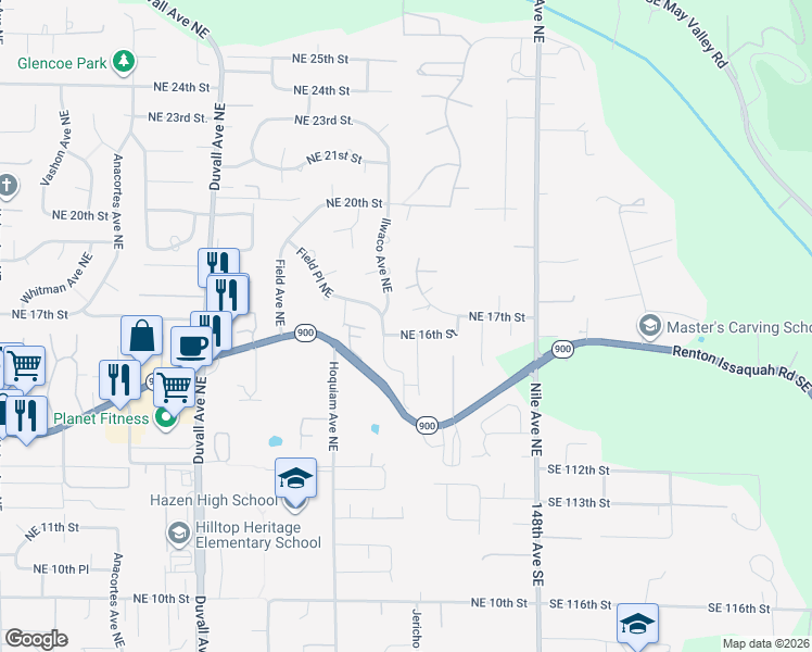 map of restaurants, bars, coffee shops, grocery stores, and more near 5350 Northeast 16th Street in Renton