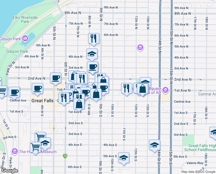 map of restaurants, bars, coffee shops, grocery stores, and more near 925 1st Avenue North in Great Falls