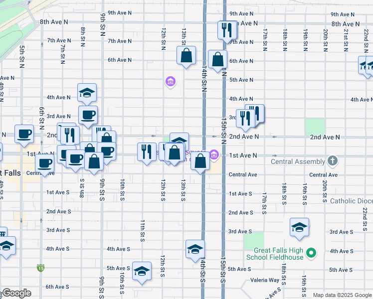 map of restaurants, bars, coffee shops, grocery stores, and more near 1301 1st Avenue North in Great Falls