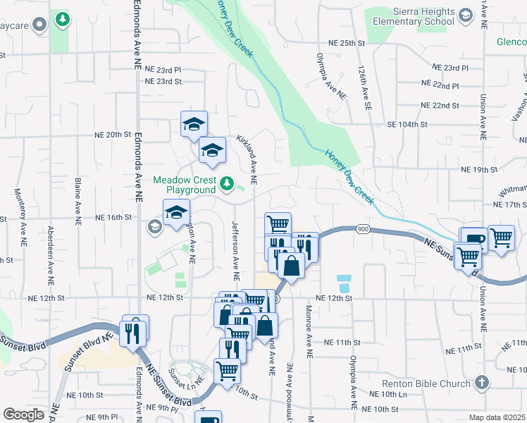 map of restaurants, bars, coffee shops, grocery stores, and more near 3004 Northeast 15th Street in Renton