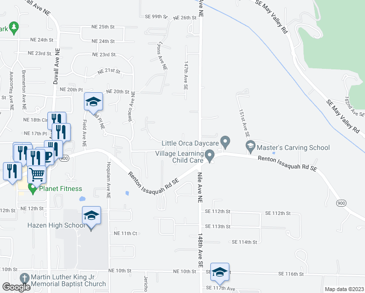 map of restaurants, bars, coffee shops, grocery stores, and more near 5415 Northeast 17th Street in Renton