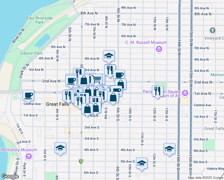 map of restaurants, bars, coffee shops, grocery stores, and more near 825 1st Ave N in Great Falls