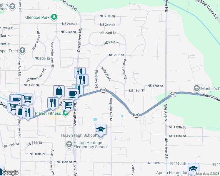 map of restaurants, bars, coffee shops, grocery stores, and more near 1601 Hoquiam Place Northeast in Renton