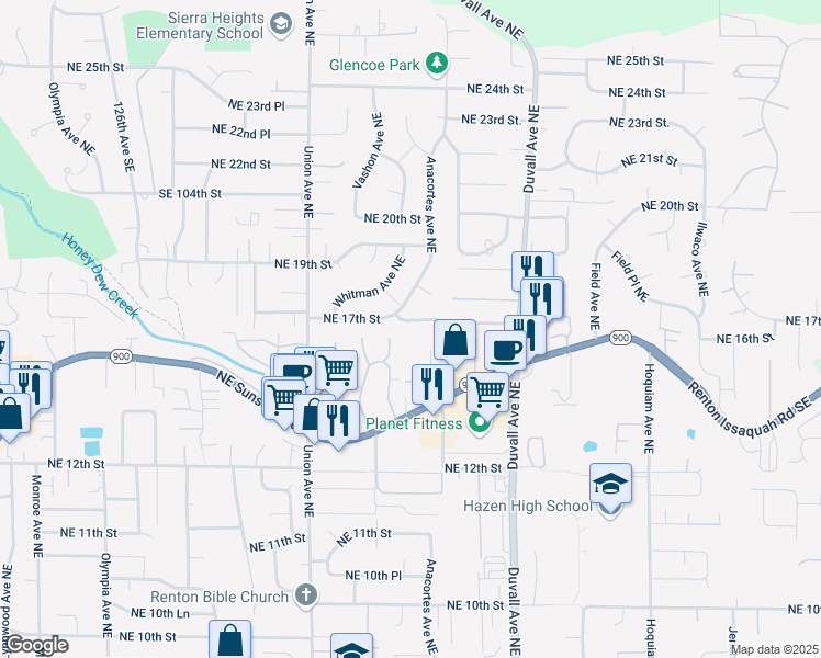 map of restaurants, bars, coffee shops, grocery stores, and more near 4417 Northeast 17th Street in Renton
