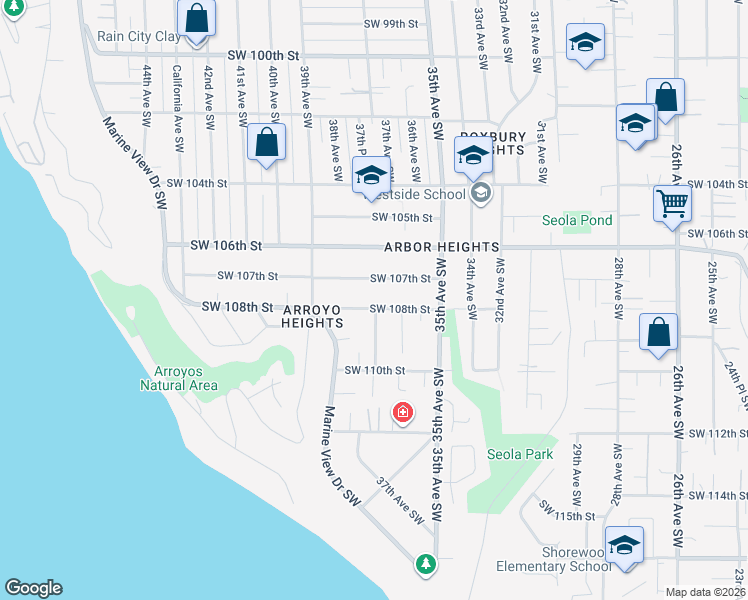 map of restaurants, bars, coffee shops, grocery stores, and more near 3702 Southwest 108th Street in Seattle