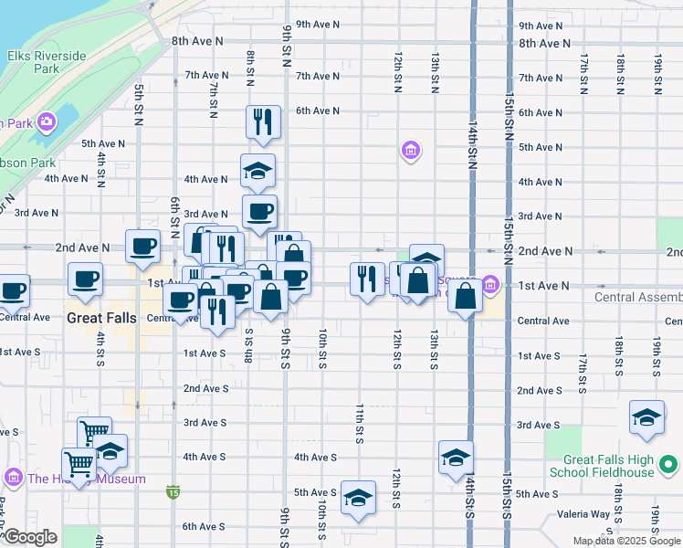 map of restaurants, bars, coffee shops, grocery stores, and more near 1015 1st Avenue North in Great Falls