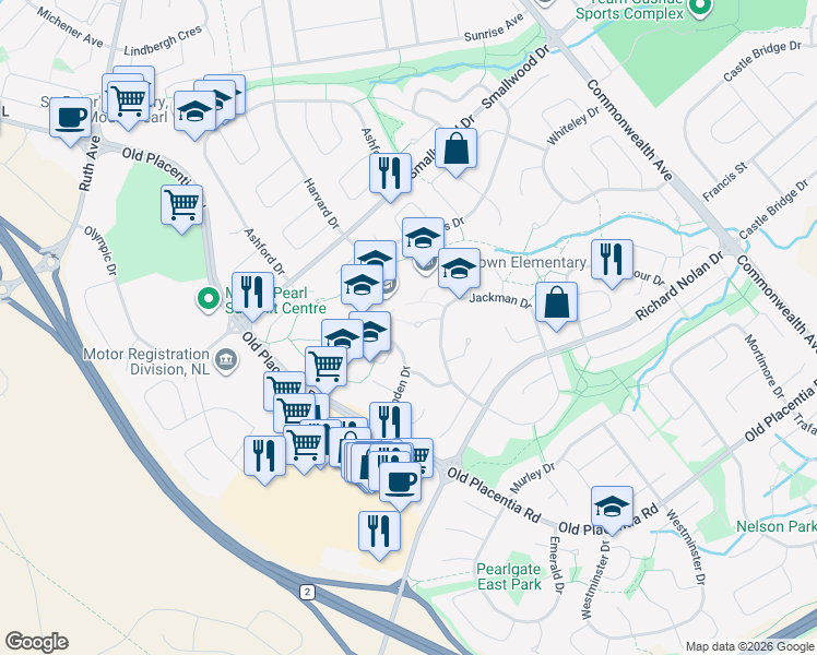 map of restaurants, bars, coffee shops, grocery stores, and more near 10 Pike Place in Mount Pearl