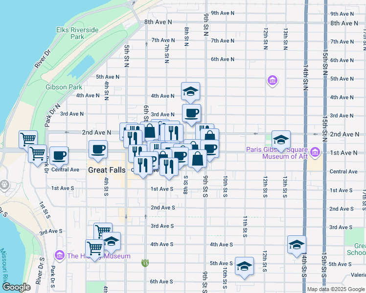 map of restaurants, bars, coffee shops, grocery stores, and more near in Great Falls