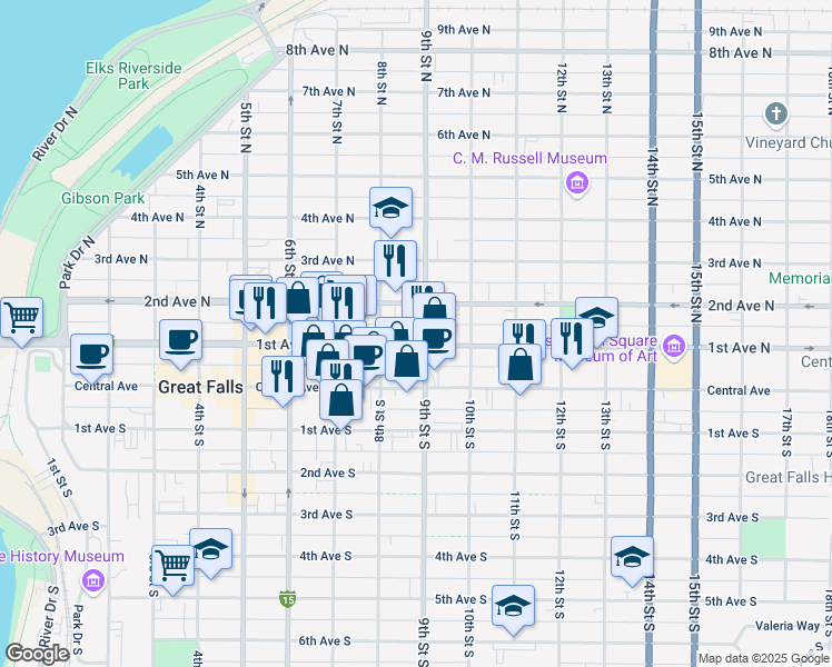 map of restaurants, bars, coffee shops, grocery stores, and more near 825 1st Avenue North in Great Falls