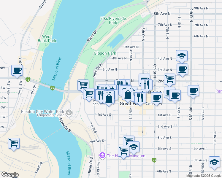 map of restaurants, bars, coffee shops, grocery stores, and more near in Great Falls