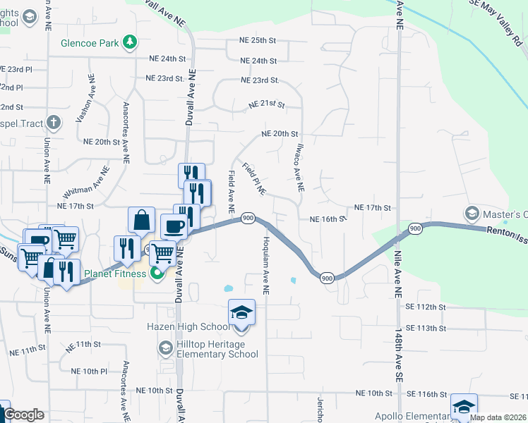 map of restaurants, bars, coffee shops, grocery stores, and more near 1601 Hoquiam Place Northeast in Renton