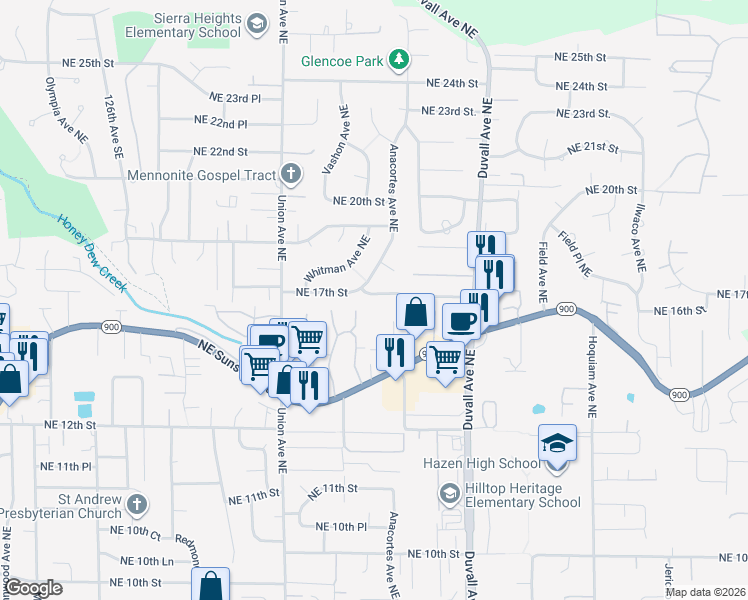 map of restaurants, bars, coffee shops, grocery stores, and more near 4417 Northeast 17th Street in Renton
