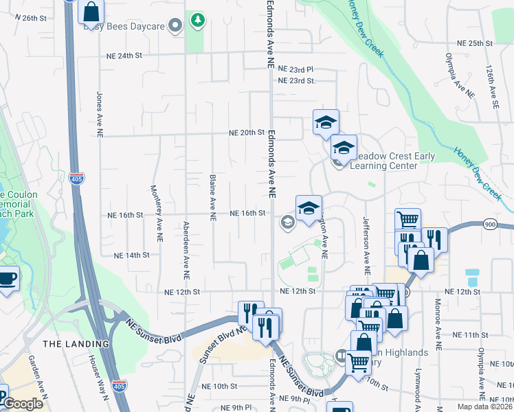 map of restaurants, bars, coffee shops, grocery stores, and more near 1600 Dayton Avenue Northeast in Renton