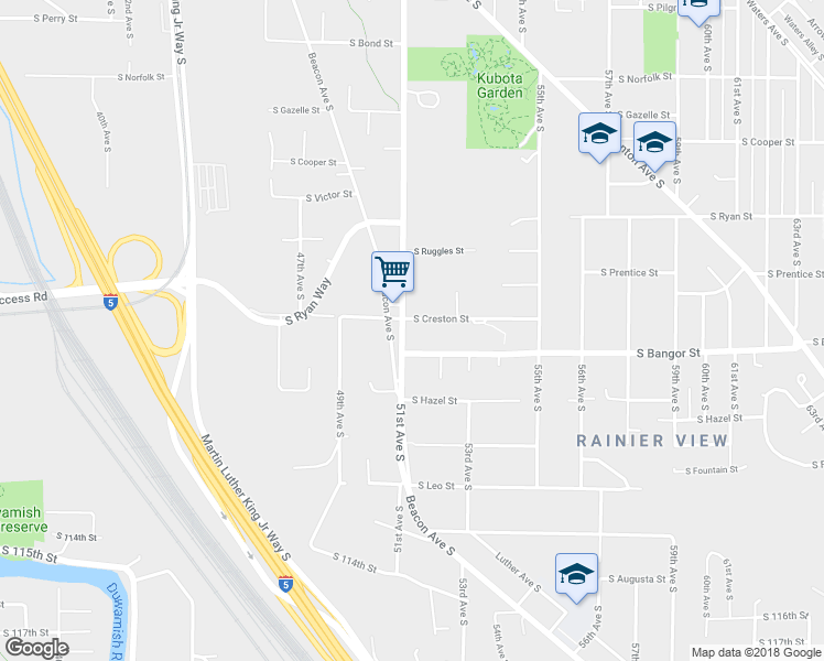 map of restaurants, bars, coffee shops, grocery stores, and more near 10500 51st Avenue South in Seattle