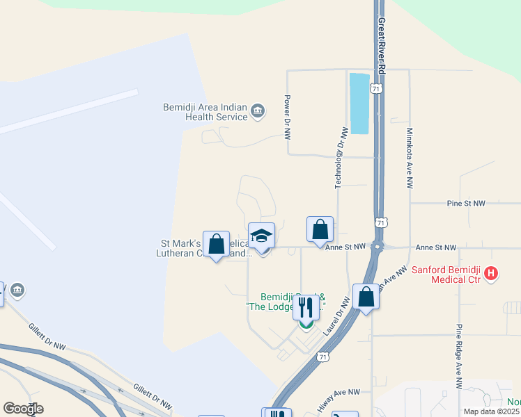 map of restaurants, bars, coffee shops, grocery stores, and more near 3827 Avion Lane Northwest in Bemidji