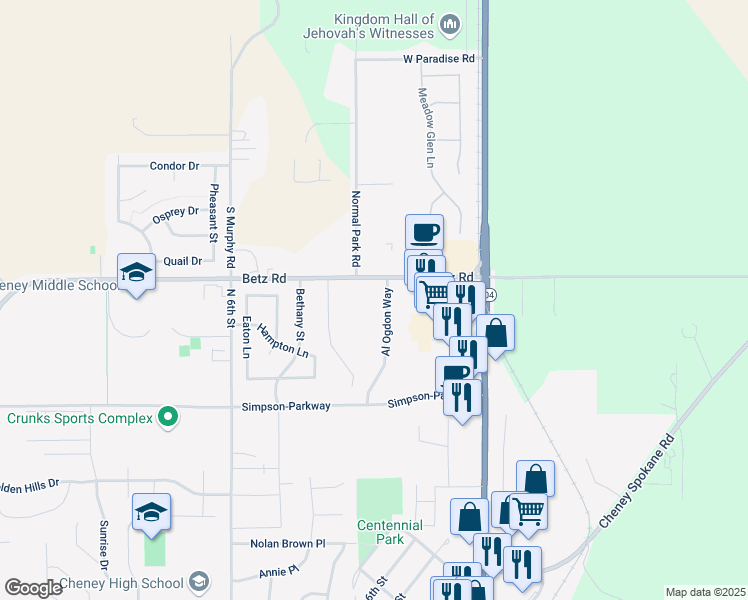 map of restaurants, bars, coffee shops, grocery stores, and more near 2800 Al Ogdon Way in Cheney