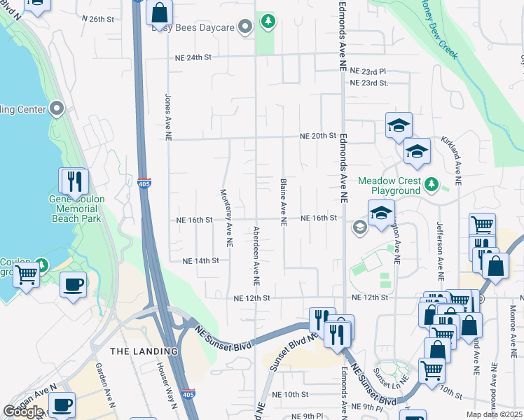 map of restaurants, bars, coffee shops, grocery stores, and more near 2124 Northeast 16th Street in Renton