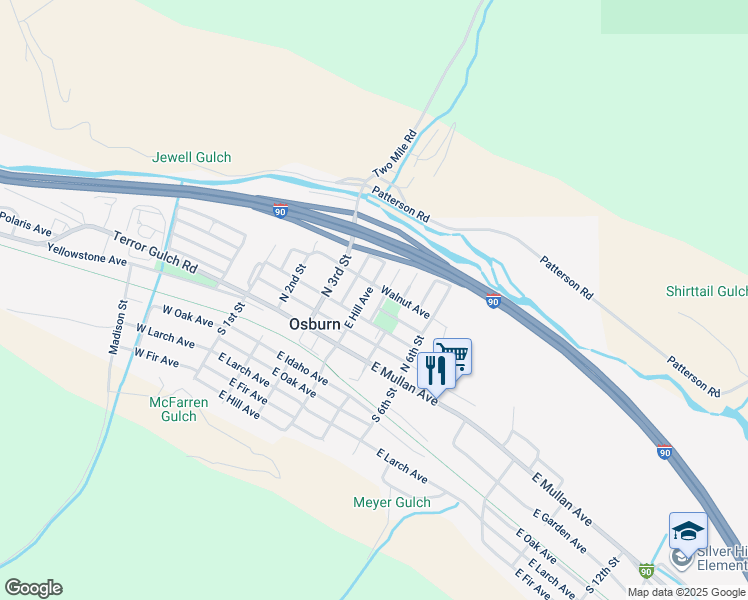 map of restaurants, bars, coffee shops, grocery stores, and more near 213 North Fourth Street in Osburn