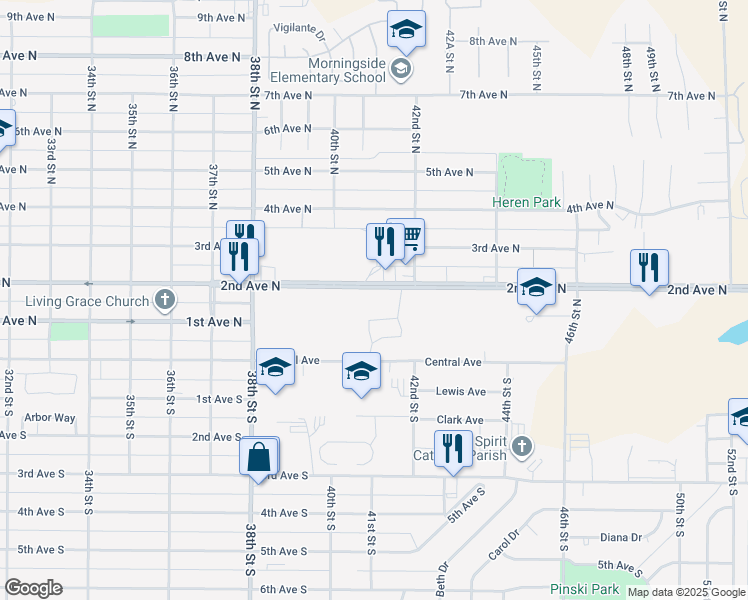map of restaurants, bars, coffee shops, grocery stores, and more near 4100 2nd Avenue North in Great Falls