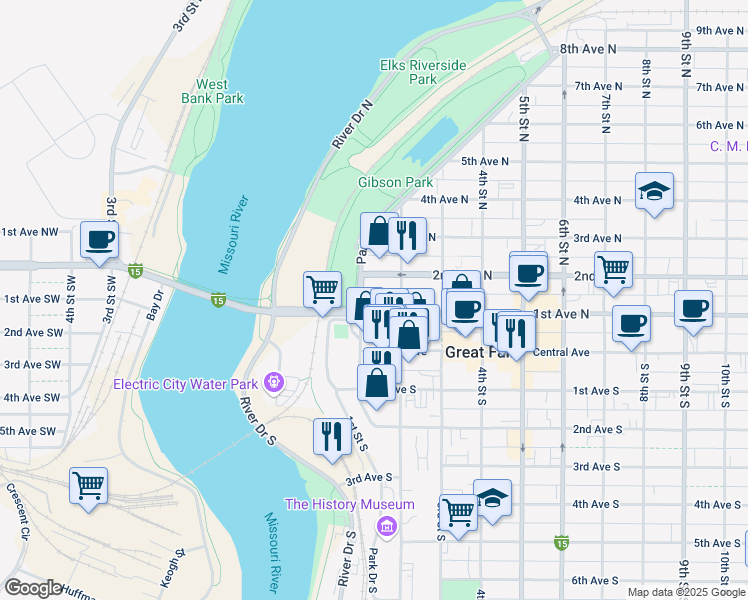map of restaurants, bars, coffee shops, grocery stores, and more near 101 1st Avenue North in Great Falls