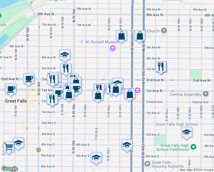 map of restaurants, bars, coffee shops, grocery stores, and more near 1204 1st Avenue North in Great Falls
