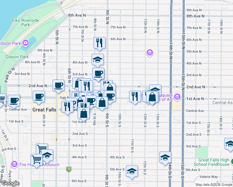 map of restaurants, bars, coffee shops, grocery stores, and more near 925 1st Avenue South in Great Falls
