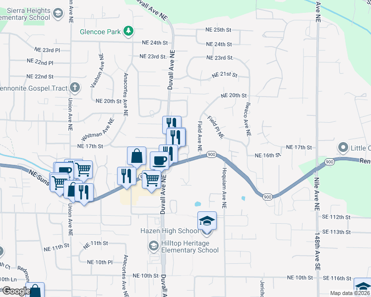 map of restaurants, bars, coffee shops, grocery stores, and more near 1601 Field Avenue Northeast in Renton