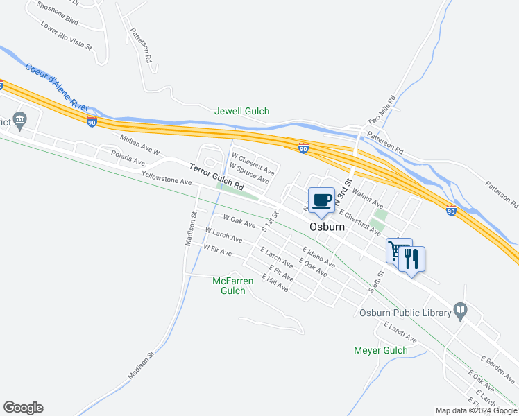 map of restaurants, bars, coffee shops, grocery stores, and more near 185 Yellowstone Avenue in Osburn
