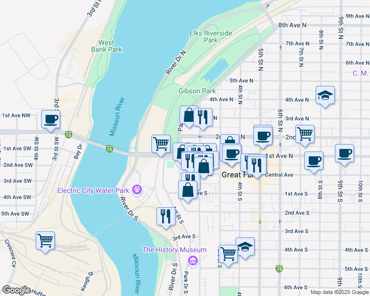 map of restaurants, bars, coffee shops, grocery stores, and more near 101 1st Avenue North in Great Falls