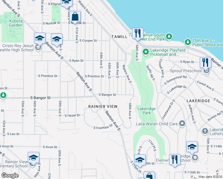 map of restaurants, bars, coffee shops, grocery stores, and more near 6520 South Bangor Street in Seattle