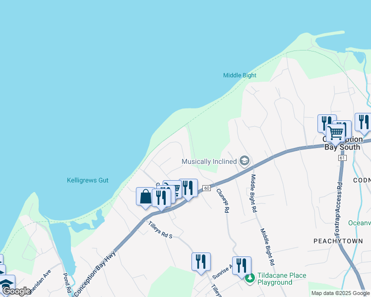 map of restaurants, bars, coffee shops, grocery stores, and more near 47 Joshwill Crescent in Conception Bay South