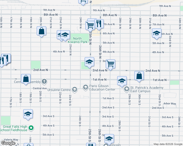 map of restaurants, bars, coffee shops, grocery stores, and more near 2501 1st Avenue South in Great Falls